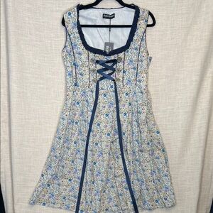 Cottage gore Trad Blue Floral Lace-Up Mini Dress with Navy Trim